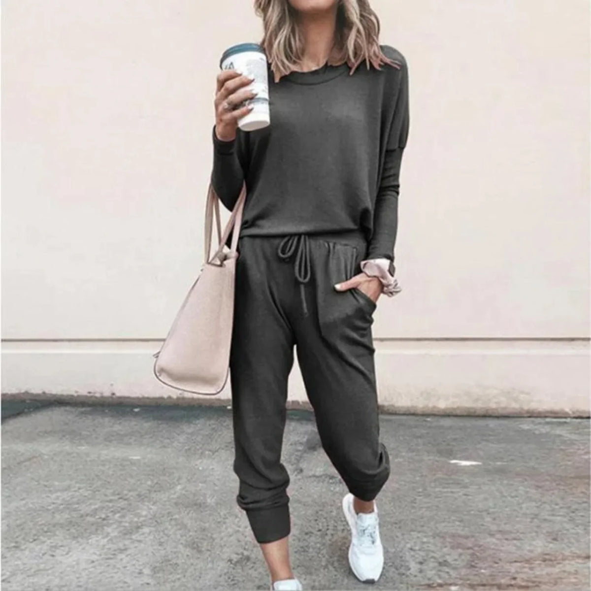 Women's relaxed knit jogger lounge set with long sleeve crew neck top and drawstring waist – Grey