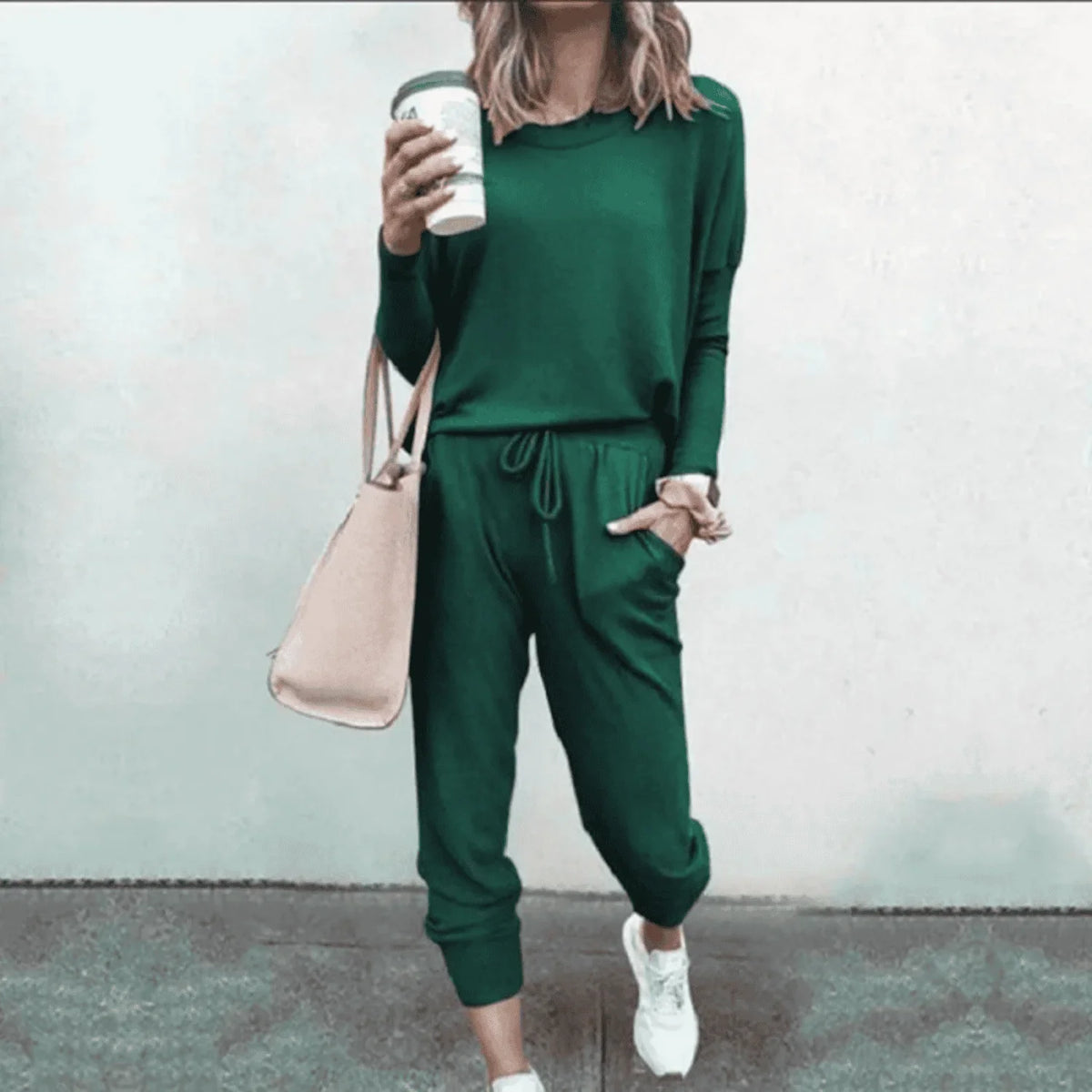 Women's relaxed knit jogger lounge set with long sleeve crew neck top and drawstring waist – Green