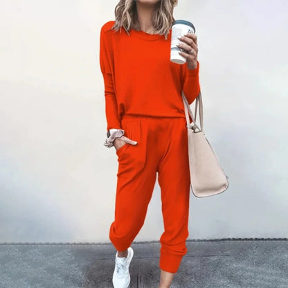 Women's relaxed knit jogger lounge set with long sleeve crew neck top and drawstring waist – Orange
