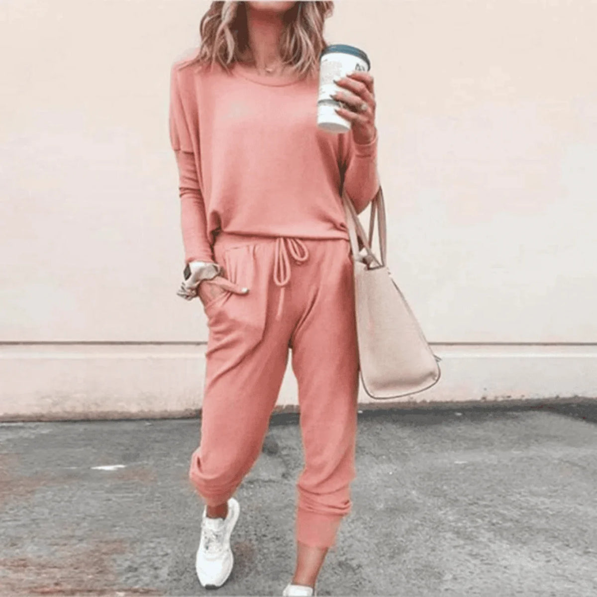 Women's relaxed knit jogger lounge set with long sleeve crew neck top and drawstring waist – Pink