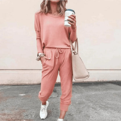 Women's relaxed knit jogger lounge set with long sleeve crew neck top and drawstring waist – Pink
