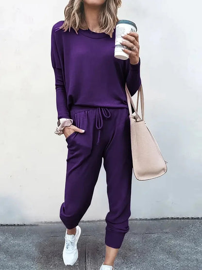 Women's relaxed knit jogger lounge set with long sleeve crew neck top and drawstring waist – Purple