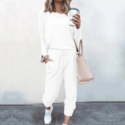 Women's relaxed knit jogger lounge set with long sleeve crew neck top and drawstring waist – White