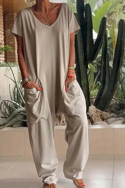 Women's relaxed knit jumpsuit with V-neck short sleeve and womens wide leg pants – Beige