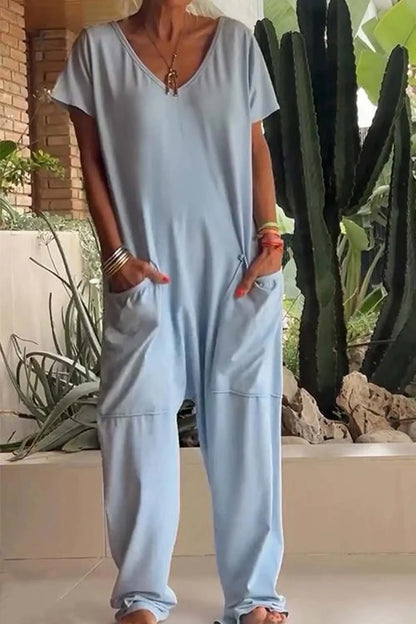Women's relaxed knit jumpsuit with V-neck short sleeve and womens wide leg pants – Blue