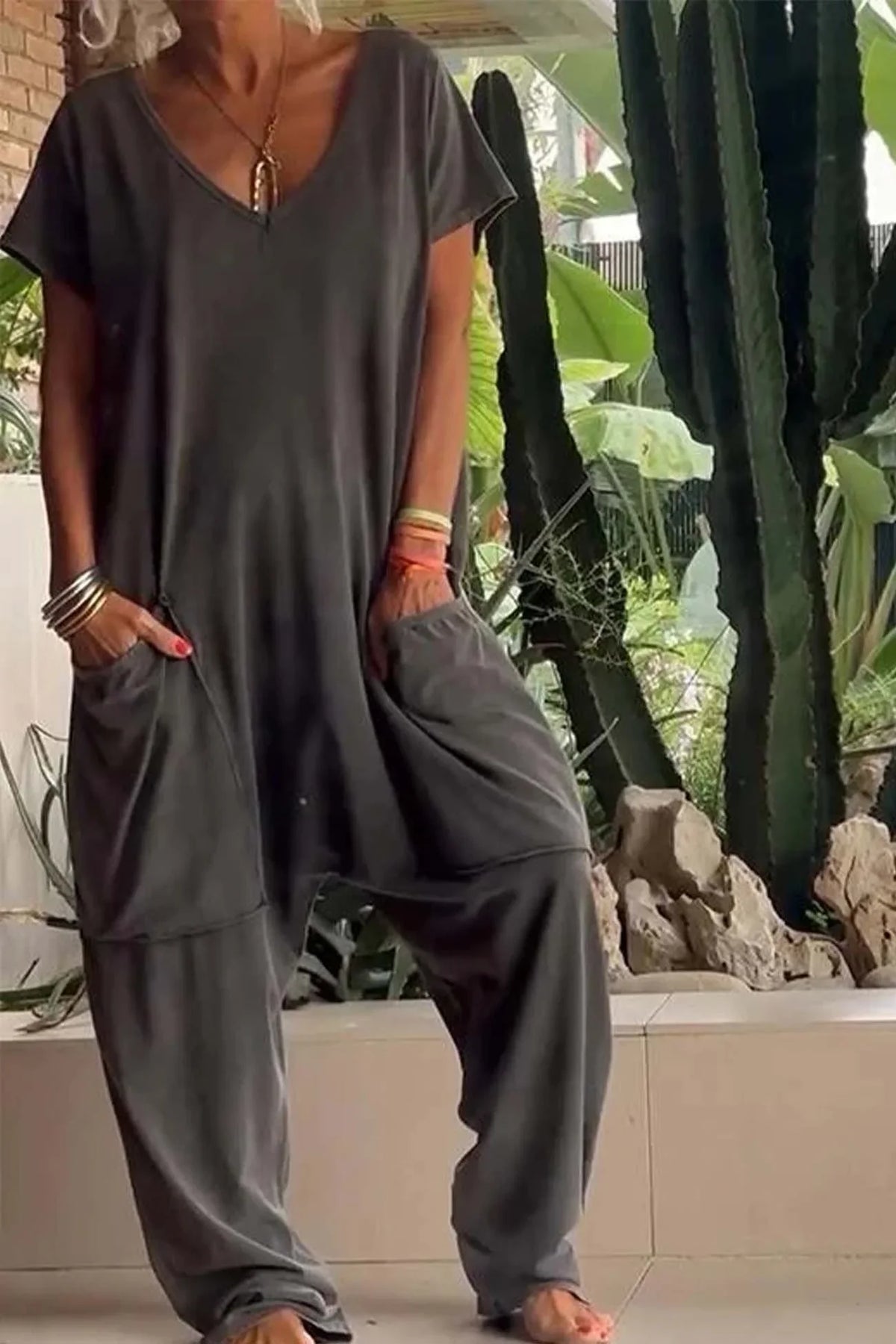 Women's relaxed knit jumpsuit with V-neck short sleeve and womens wide leg pants – Grey