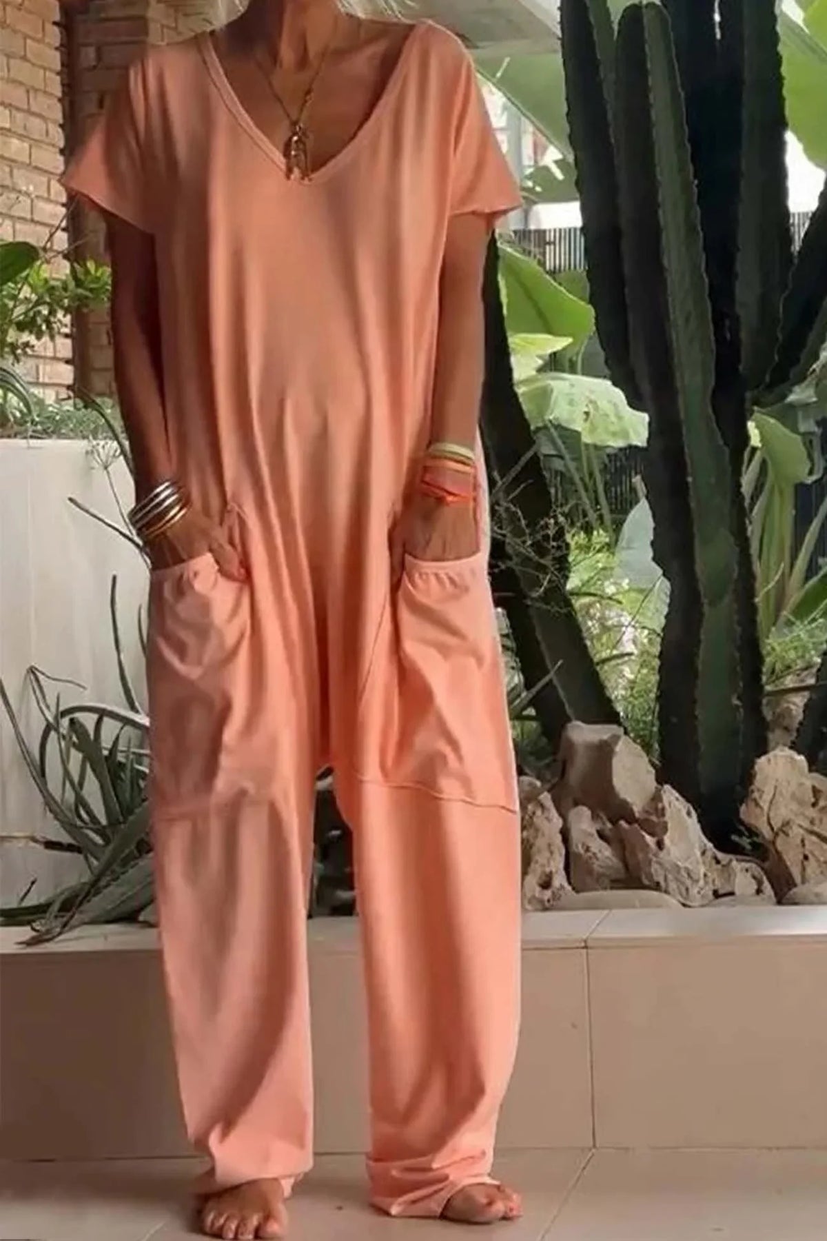 Women's relaxed knit jumpsuit with V-neck short sleeve and womens wide leg pants – Orange