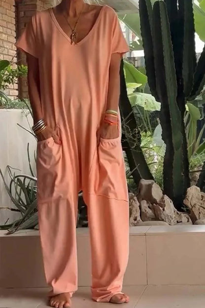 Women's relaxed knit jumpsuit with V-neck short sleeve and womens wide leg pants – Orange