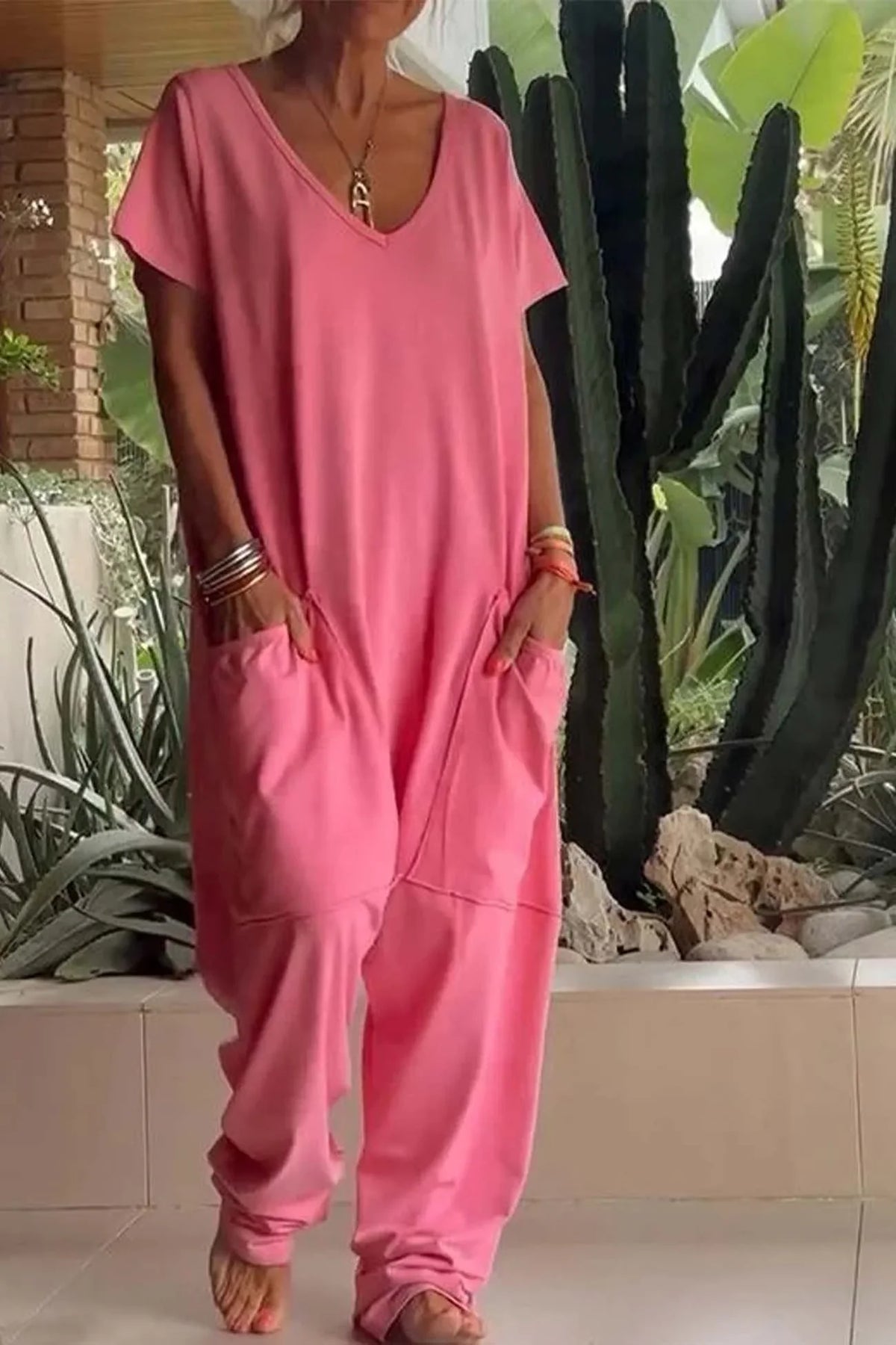 Women's relaxed knit jumpsuit with V-neck short sleeve and womens wide leg pants – Pink