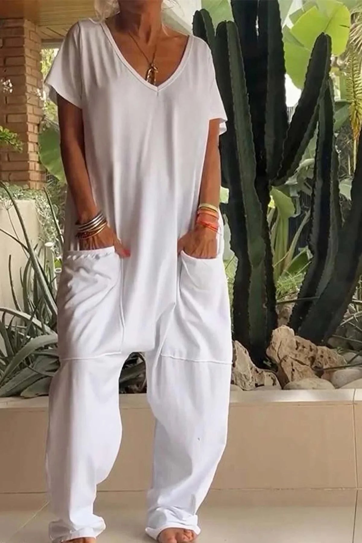 Women's relaxed knit jumpsuit with V-neck short sleeve and womens wide leg pants – White