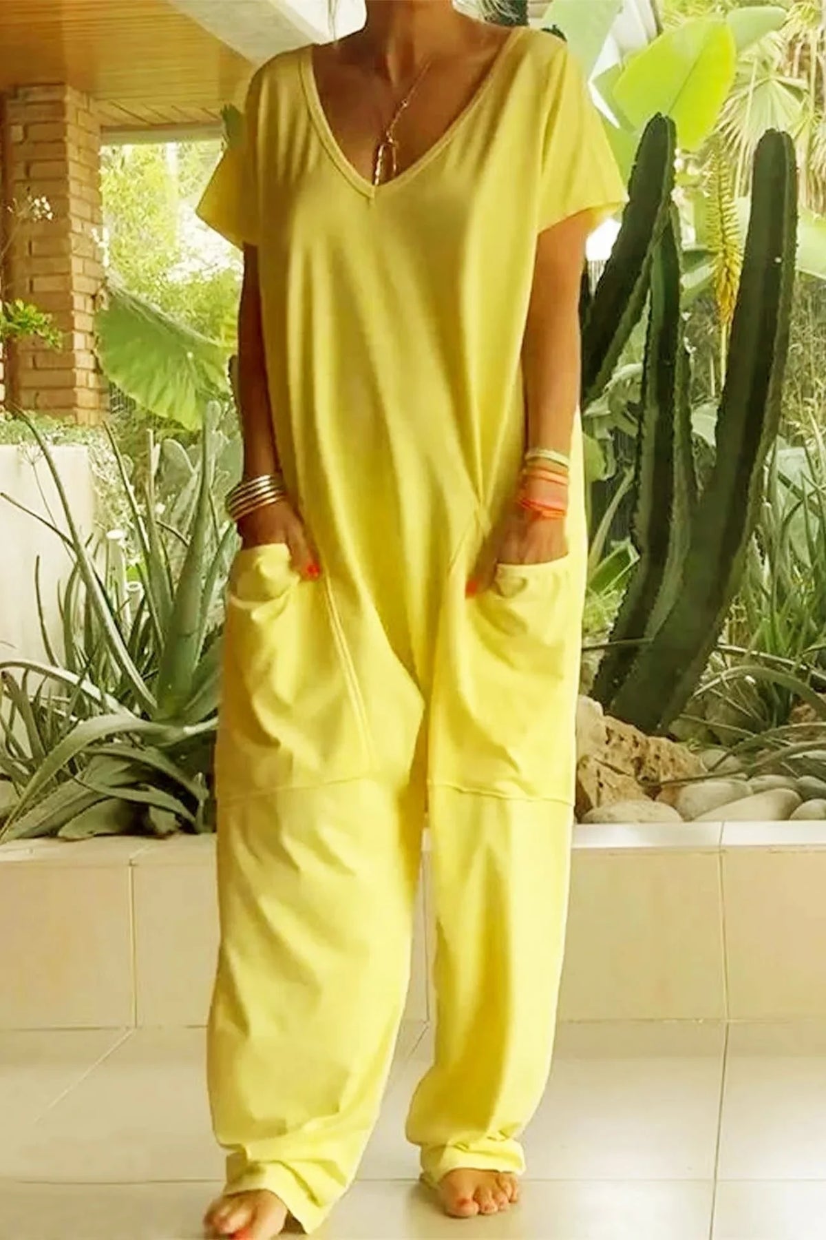 Women's relaxed knit jumpsuit with V-neck short sleeve and womens wide leg pants – Yellow
