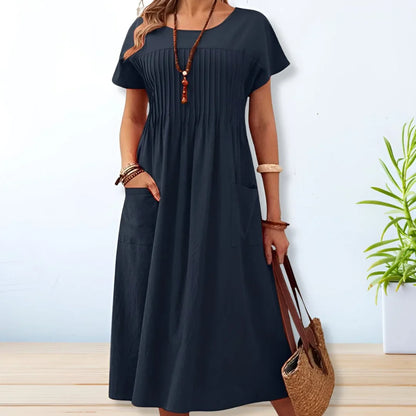 Women's relaxed knit midi dress with pleated bodice and patch pockets – Blue