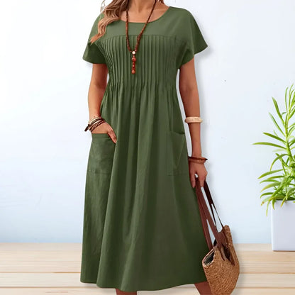 Women's relaxed knit midi dress with pleated bodice and patch pockets – Green