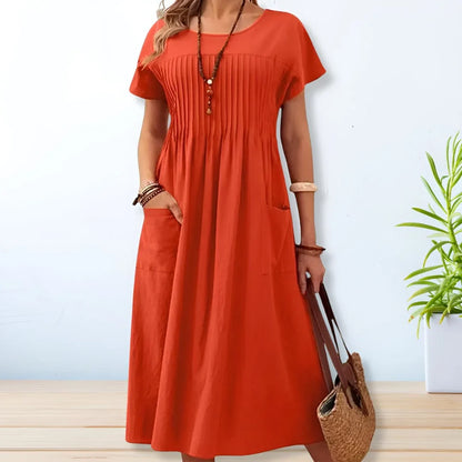 Women's relaxed knit midi dress with pleated bodice and patch pockets – Orange