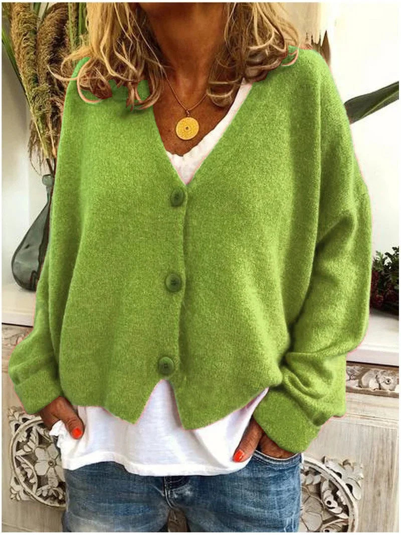 Women's relaxed knit sweater cardigan with V-neck and dropped-shoulder long sleeves