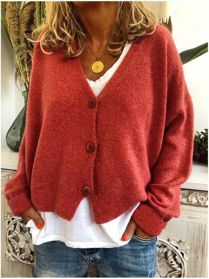 Women's relaxed knit sweater cardigan with V-neck and dropped-shoulder long sleeves