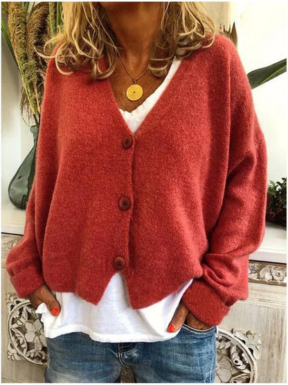 Women's relaxed knit sweater cardigan with V-neck and dropped-shoulder long sleeves