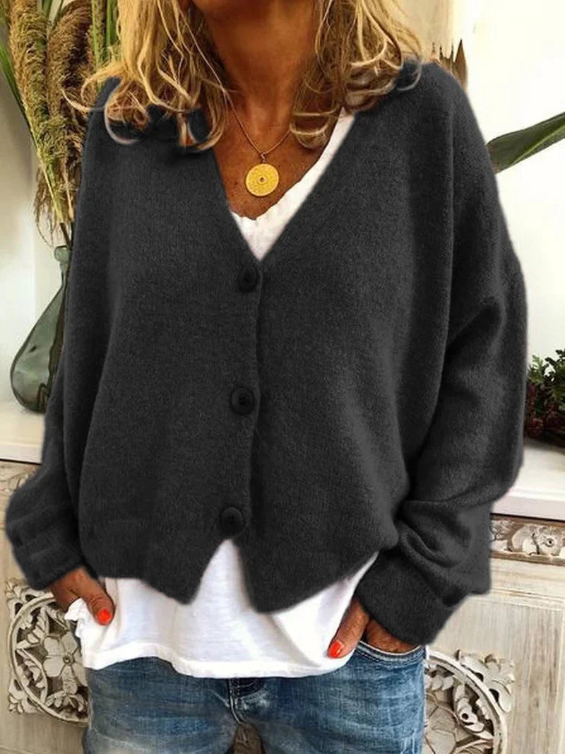Women's relaxed knit sweater cardigan with V-neck and dropped-shoulder long sleeves – Black