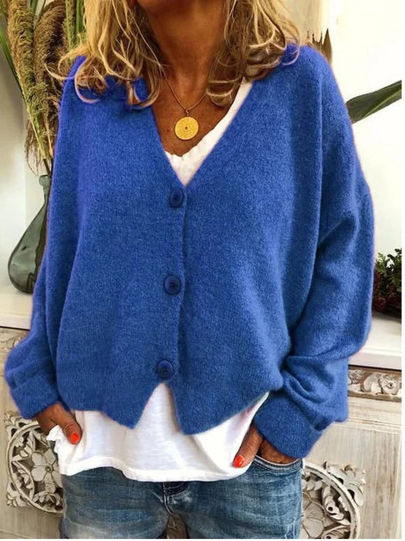 Women's relaxed knit sweater cardigan with V-neck and dropped-shoulder long sleeves – Blue