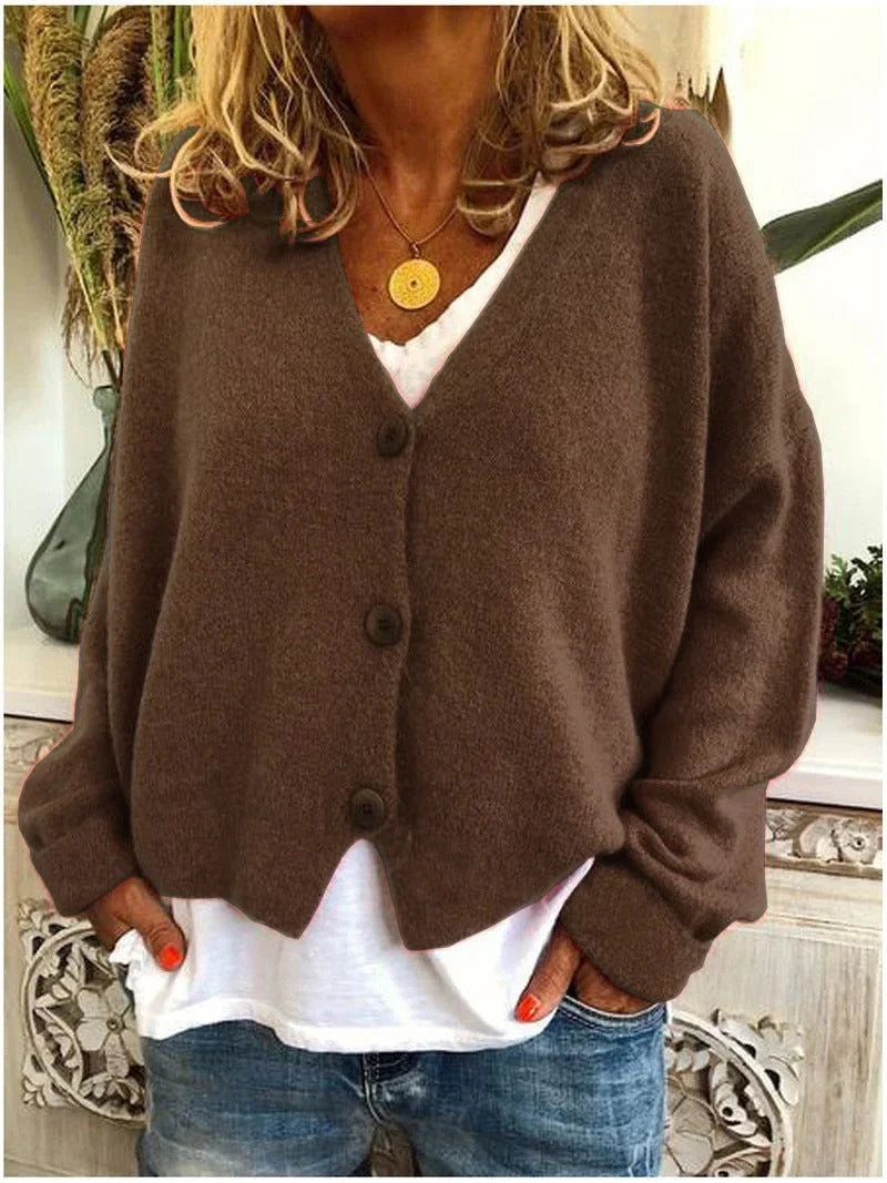 Women's relaxed knit sweater cardigan with V-neck and dropped-shoulder long sleeves – Brown