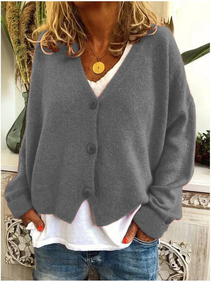 Women's relaxed knit sweater cardigan with V-neck and dropped-shoulder long sleeves – Grey