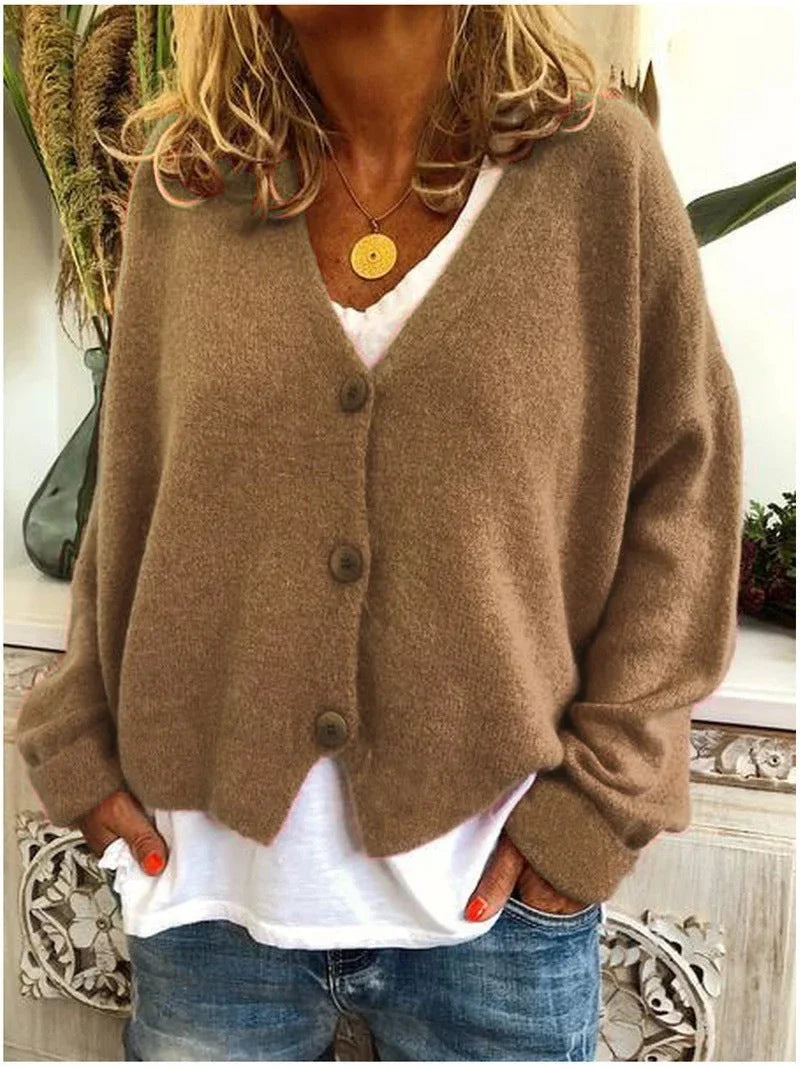 Women's relaxed knit sweater cardigan with V-neck and dropped-shoulder long sleeves – Khaki
