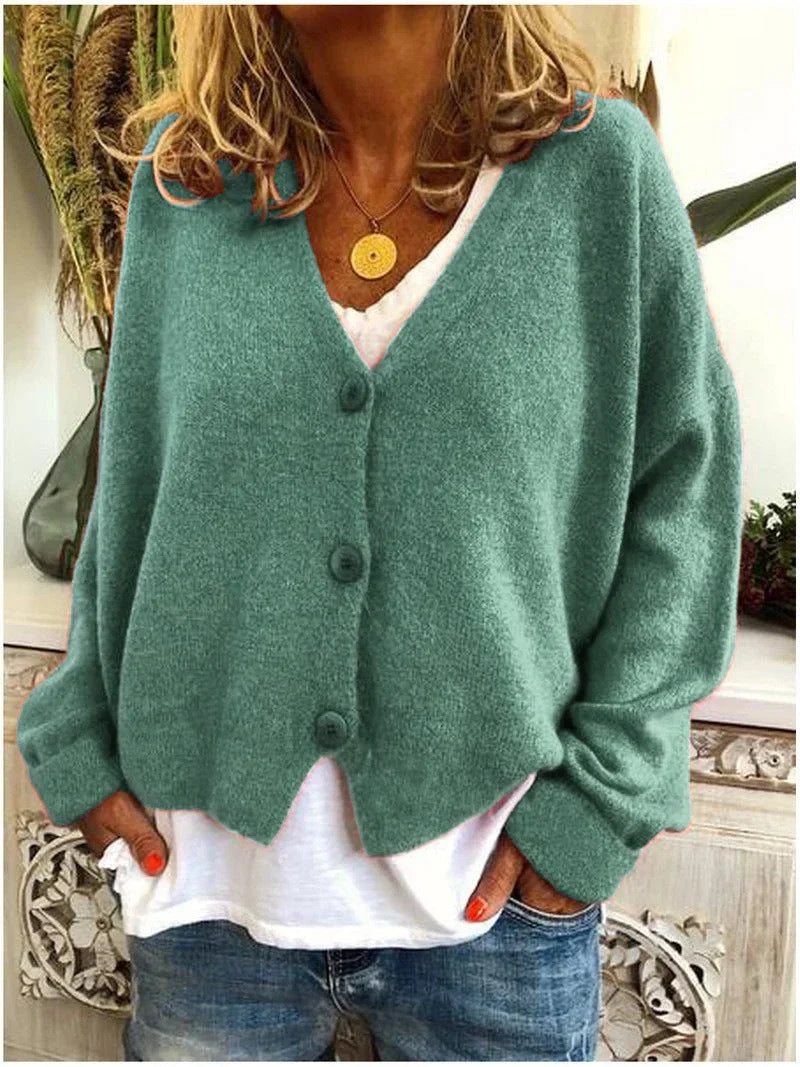 Women's relaxed knit sweater cardigan with V-neck and dropped-shoulder long sleeves – Lake Blue
