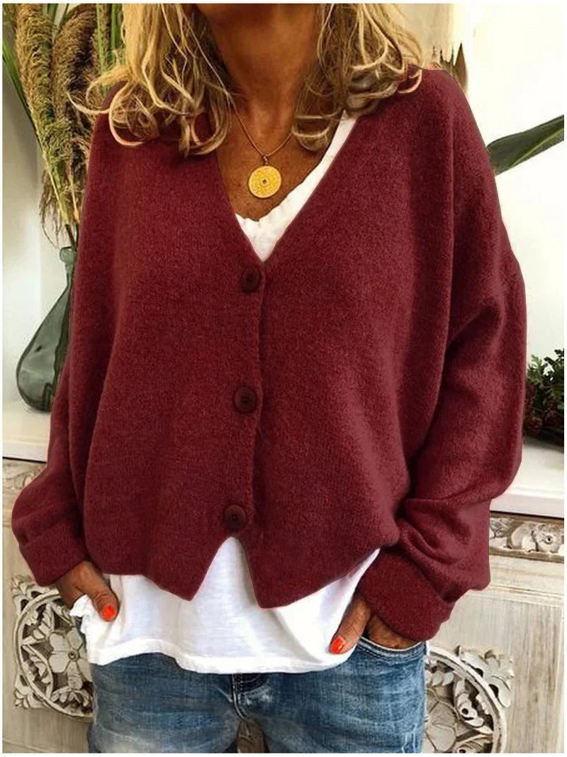 Women's relaxed knit sweater cardigan with V-neck and dropped-shoulder long sleeves – Maroon