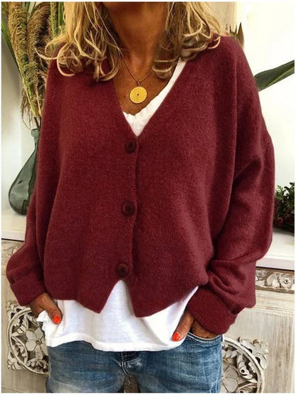 Women's relaxed knit sweater cardigan with V-neck and dropped-shoulder long sleeves – Maroon