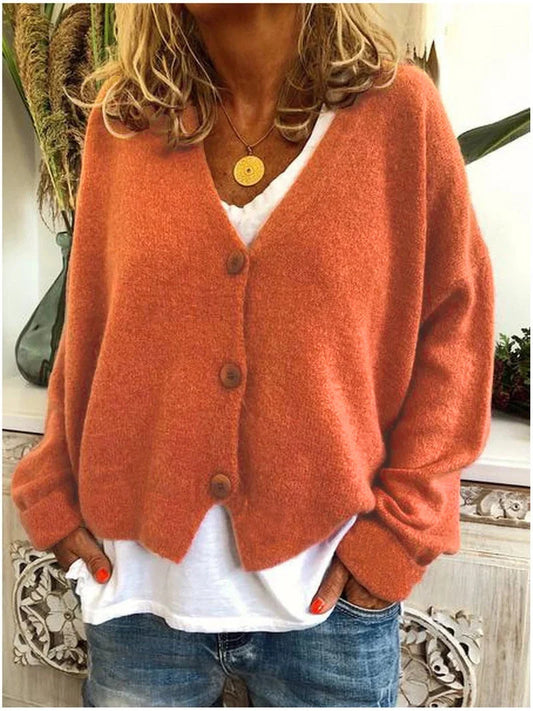 Women's relaxed knit sweater cardigan with V-neck and dropped-shoulder long sleeves – Orange