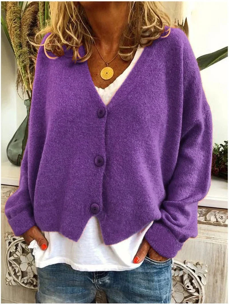 Women's relaxed knit sweater cardigan with V-neck and dropped-shoulder long sleeves – Purple