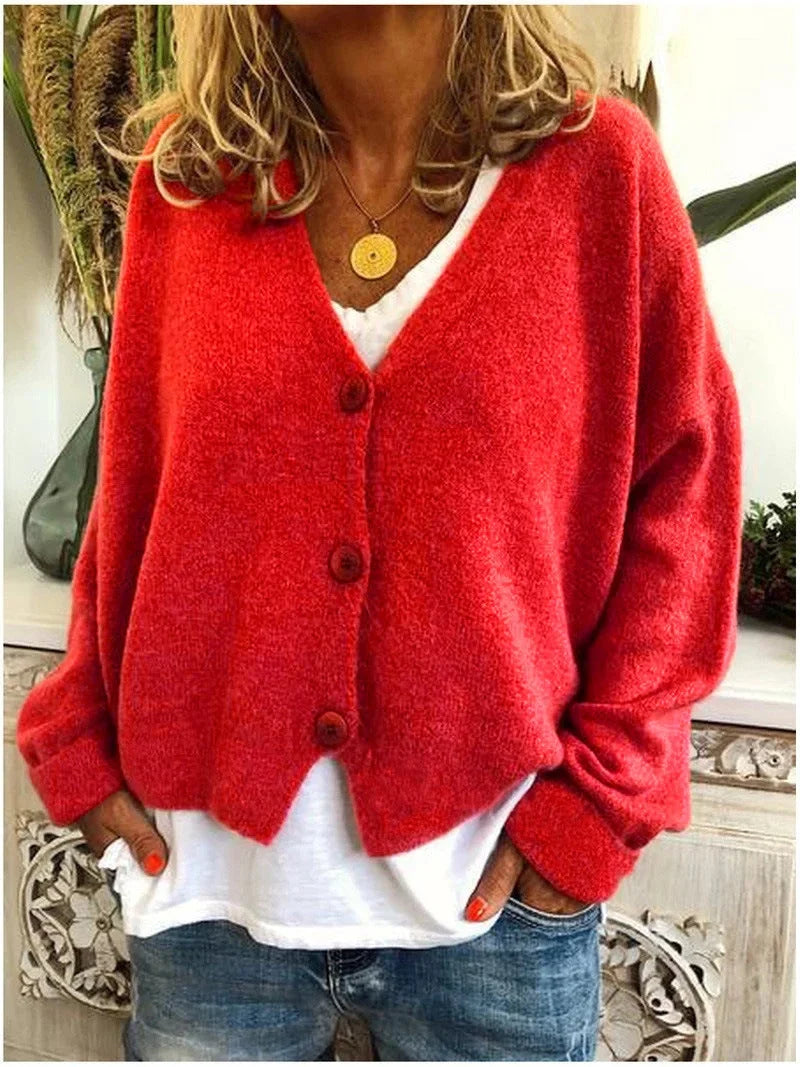 Women's relaxed knit sweater cardigan with V-neck and dropped-shoulder long sleeves – Red