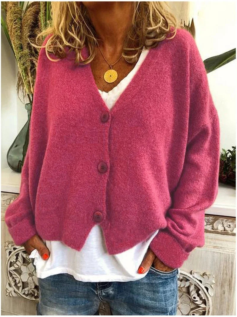 Women's relaxed knit sweater cardigan with V-neck and dropped-shoulder long sleeves – Rose Red