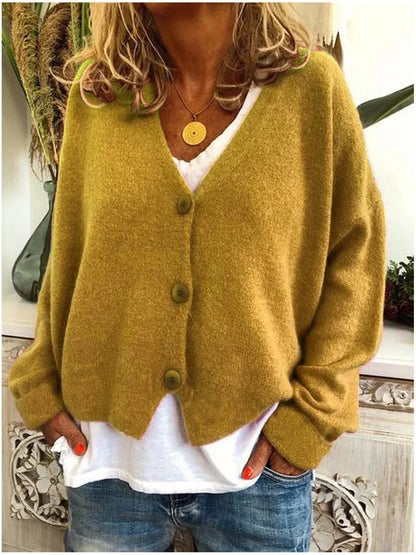 Women's relaxed knit sweater cardigan with V-neck and dropped-shoulder long sleeves – Yellow