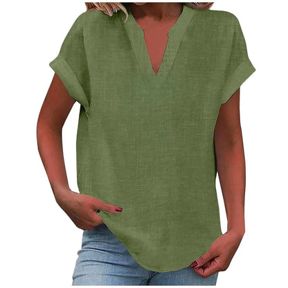 Women's relaxed linen-blend blouse with V-neck and cuffed short-sleeves – Army Green