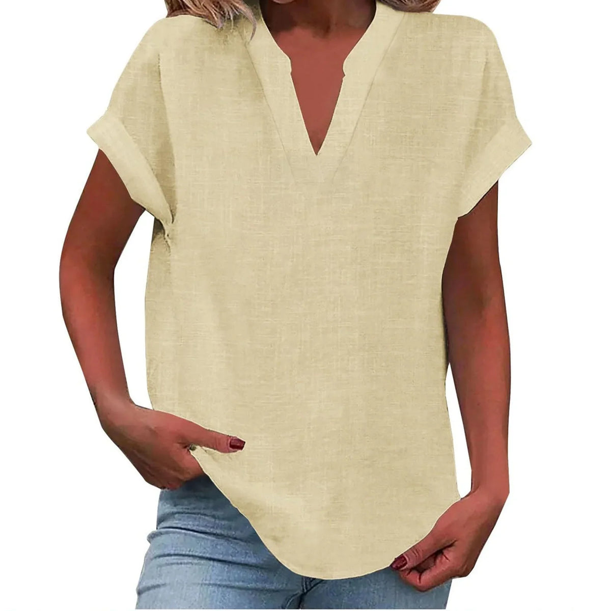 Women's relaxed linen-blend blouse with V-neck and cuffed short-sleeves – Beige