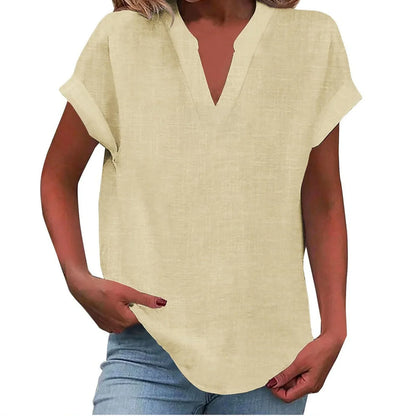 Women's relaxed linen-blend blouse with V-neck and cuffed short-sleeves – Beige