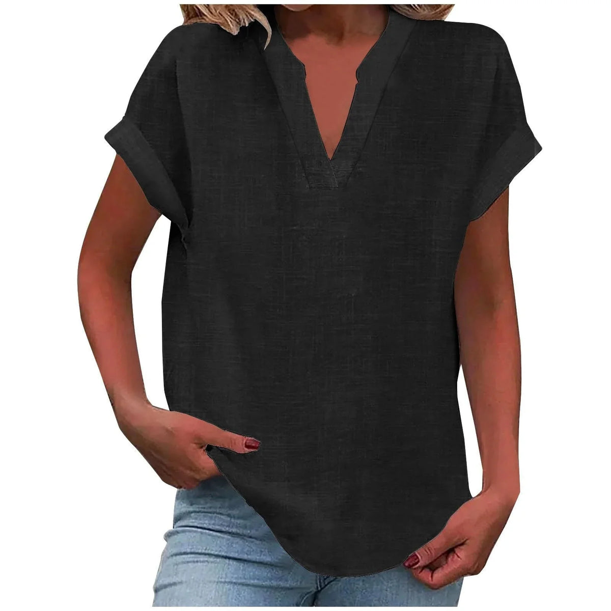 Women's relaxed linen-blend blouse with V-neck and cuffed short-sleeves – Black