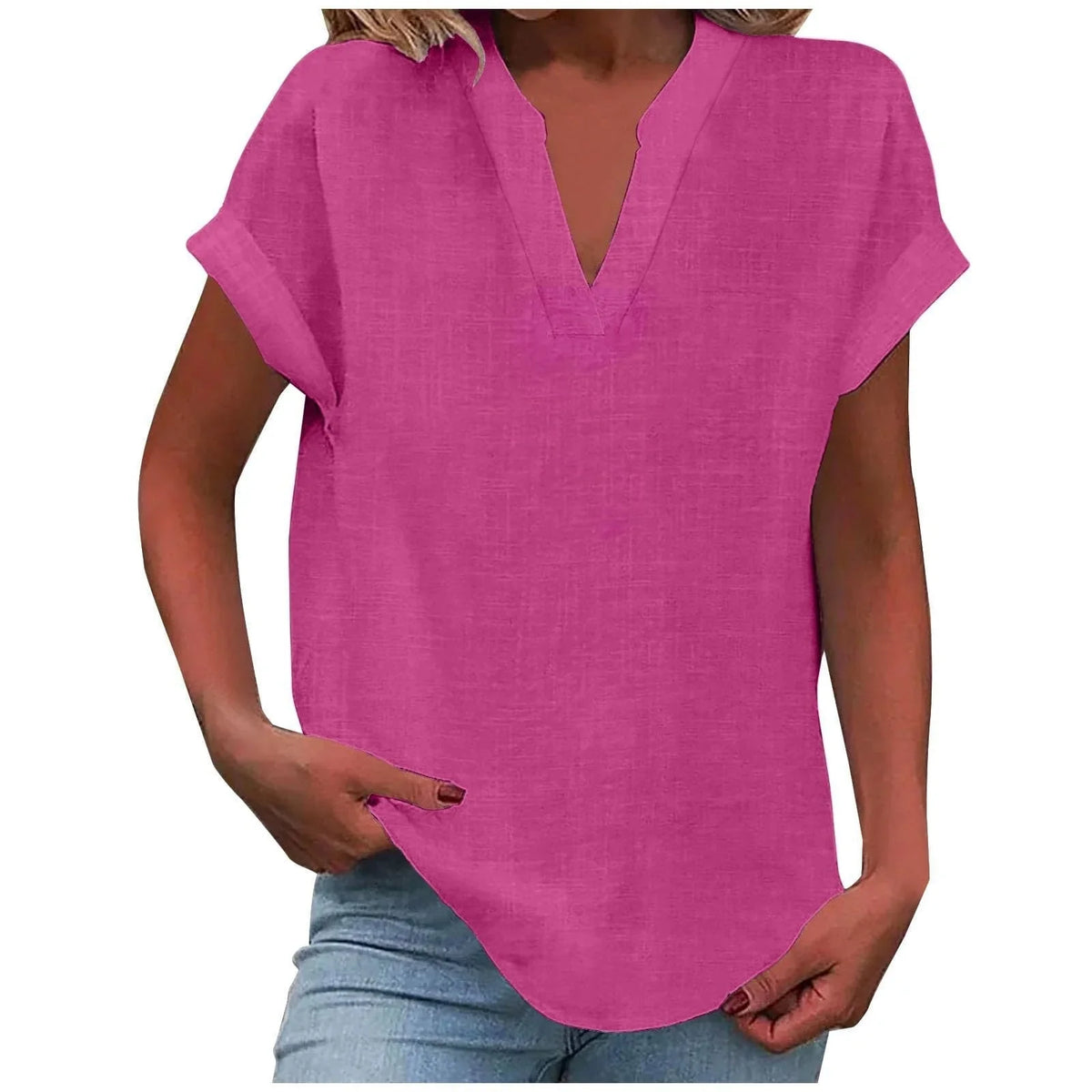 Women's relaxed linen-blend blouse with V-neck and cuffed short-sleeves – Bright Pink