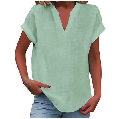 Women's relaxed linen-blend blouse with V-neck and cuffed short-sleeves – Light Green