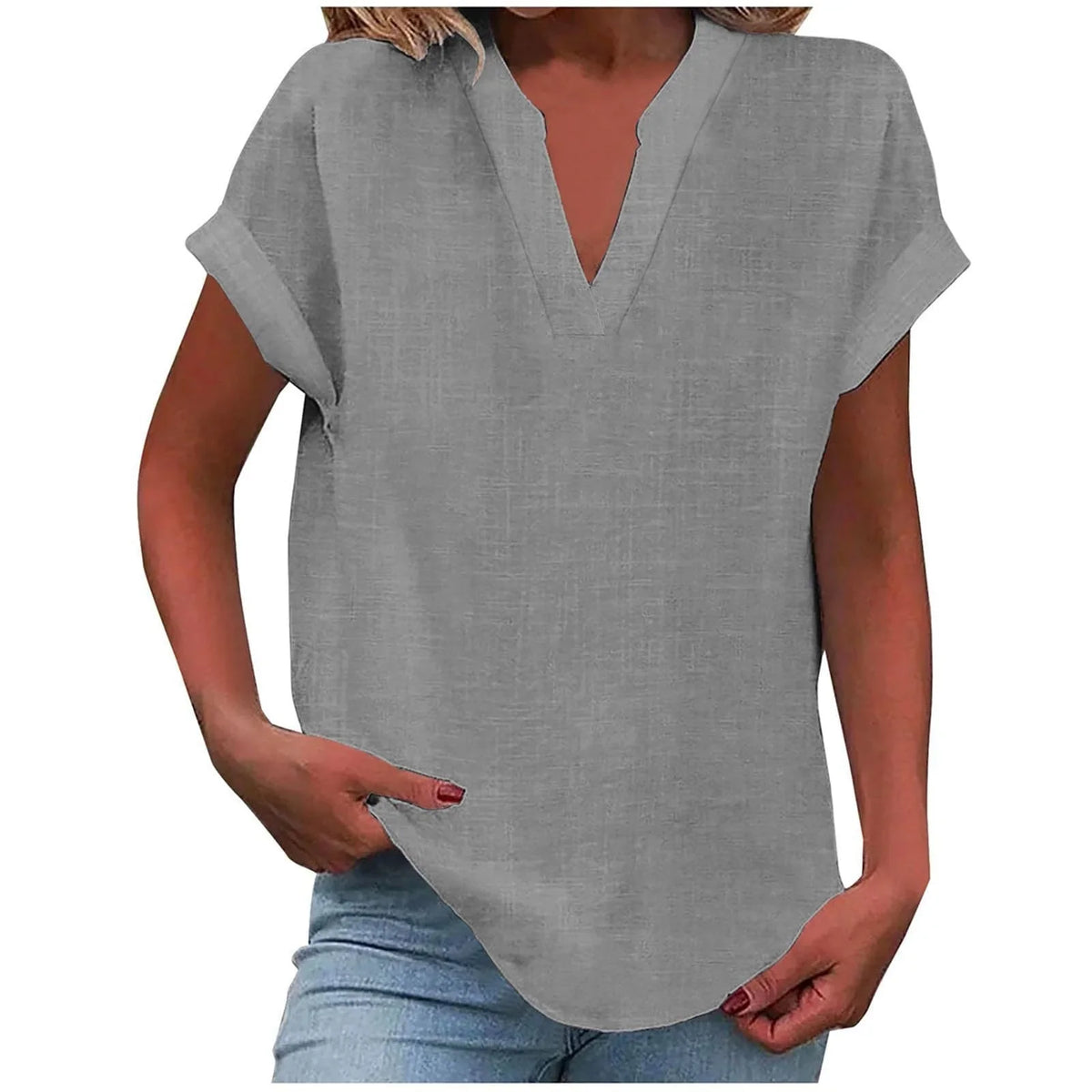 Women's relaxed linen-blend blouse with V-neck and cuffed short-sleeves – Light Grey