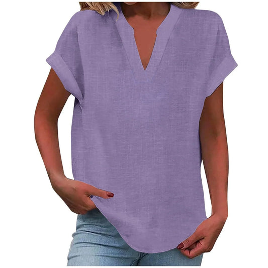 Women's relaxed linen-blend blouse with V-neck and cuffed short-sleeves – Light Purple