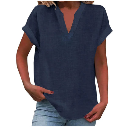 Women's relaxed linen-blend blouse with V-neck and cuffed short-sleeves – Navy Blue