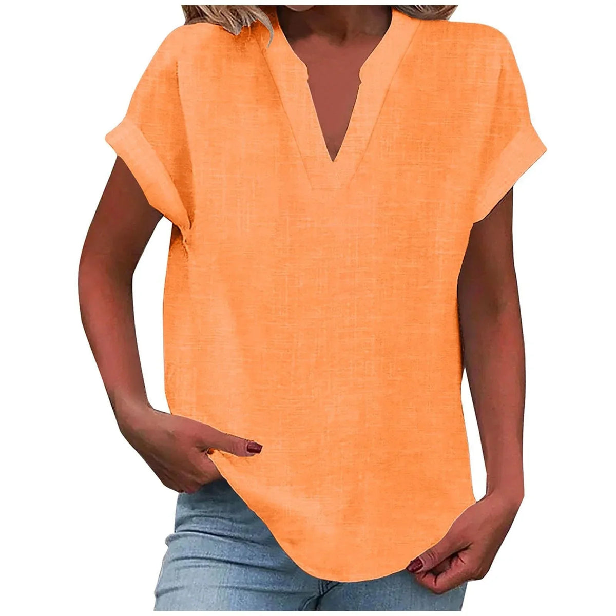 Women's relaxed linen-blend blouse with V-neck and cuffed short-sleeves – Orange