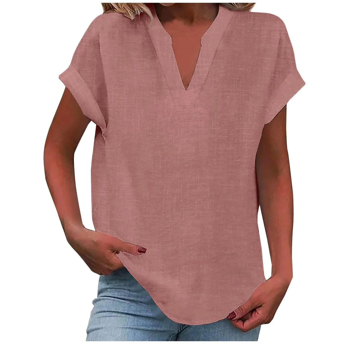 Women's relaxed linen-blend blouse with V-neck and cuffed short-sleeves – Pink