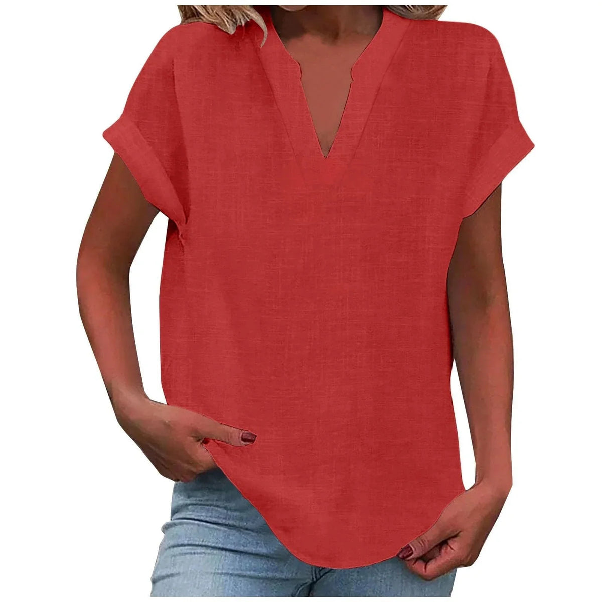 Women's relaxed linen-blend blouse with V-neck and cuffed short-sleeves – Red