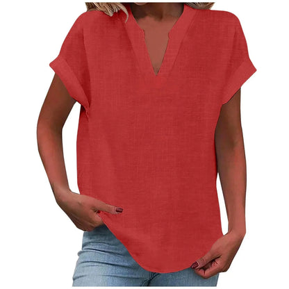 Women's relaxed linen-blend blouse with V-neck and cuffed short-sleeves – Red