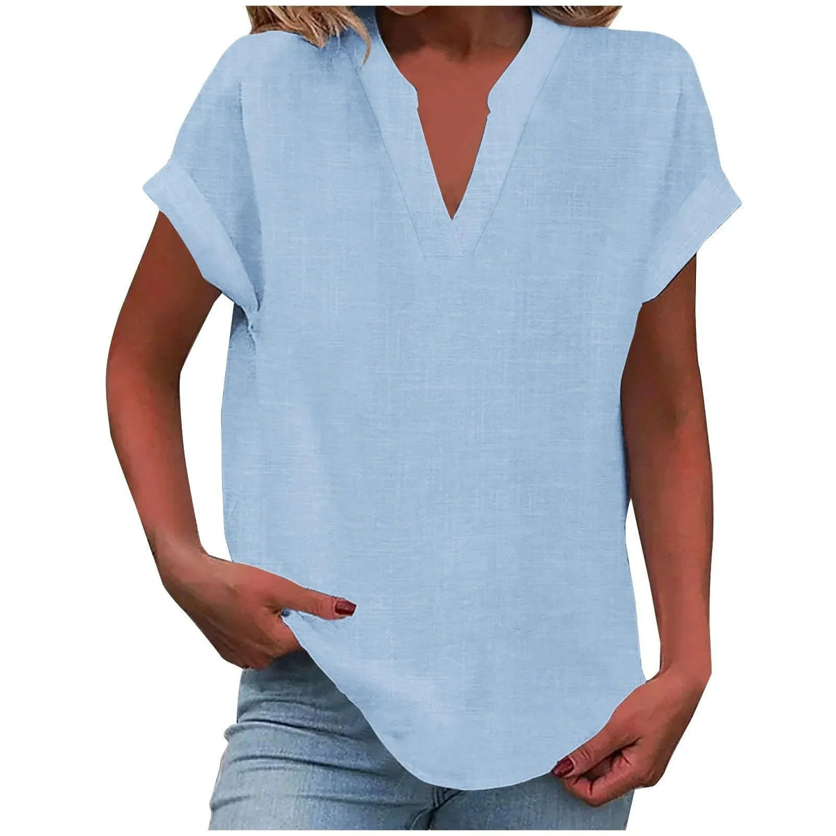 Women's relaxed linen-blend blouse with V-neck and cuffed short-sleeves – Sky Blue