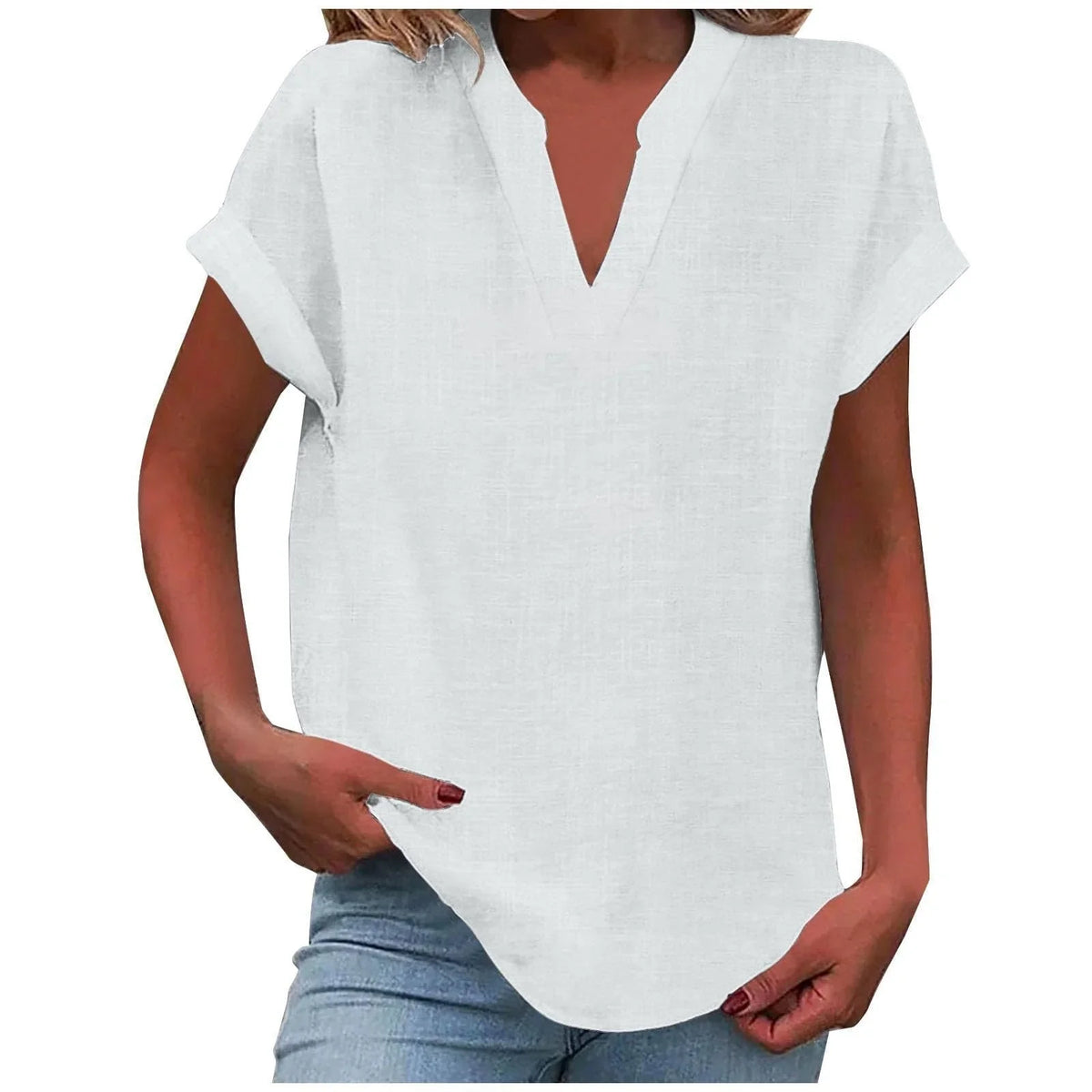 Women's relaxed linen-blend blouse with V-neck and cuffed short-sleeves – White