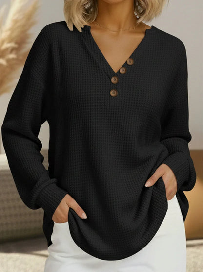 Women's relaxed long sleeve waffle knit sweater with button V-neck – Black